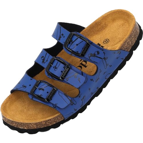 Palado Kinder Pantoletten Capri Print - Jungen Sandalen mit verstellbaren Riemen - bequeme Schuhe mit Sohle aus feinstem Veloursleder - Hausschuhe mit Natur Kork-Fußbett Blau Skater EU33 von Palado