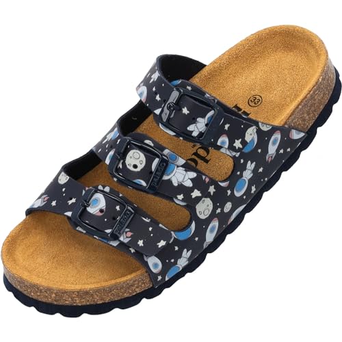 Palado Kinder Pantoletten Capri Print - Jungen Sandalen mit verstellbaren Riemen - bequeme Schuhe mit Sohle aus feinstem Veloursleder - Hausschuhe mit Natur Kork-Fußbett Dunkelblau Astronaut EU32 von Palado