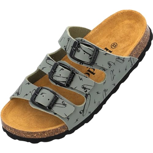 Palado Kinder Pantoletten Capri Print - Jungen Sandalen mit verstellbaren Riemen - bequeme Schuhe mit Sohle aus feinstem Veloursleder - Hausschuhe mit Natur Kork-Fußbett Khaki Skater EU33 von Palado