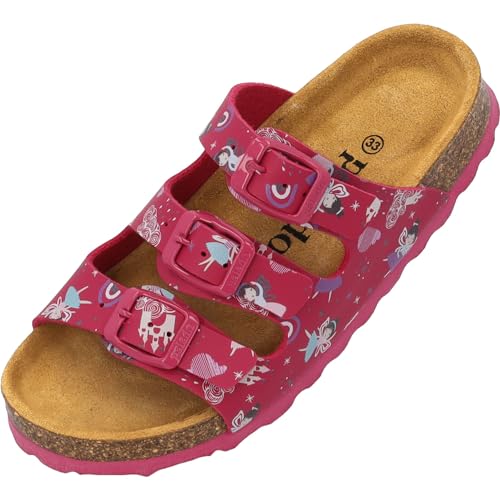 Palado Kinder Pantoletten Capri Print - Mädchen Sandalen mit verstellbaren Riemen - aus feinstem Veloursleder - Hausschuhe mit Natur Kork-Fußbett Pink Fairy EU35 von Palado