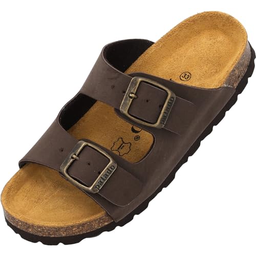 Palado Kinder Pantoletten Korfu B Basic - Jungen Sandalen - bequeme Schuhe mit Sohle aus feinstem Veloursleder - Hausschuhe mit Natur Kork-Fußbett Dunkelbraun/Velours EU36 von Palado