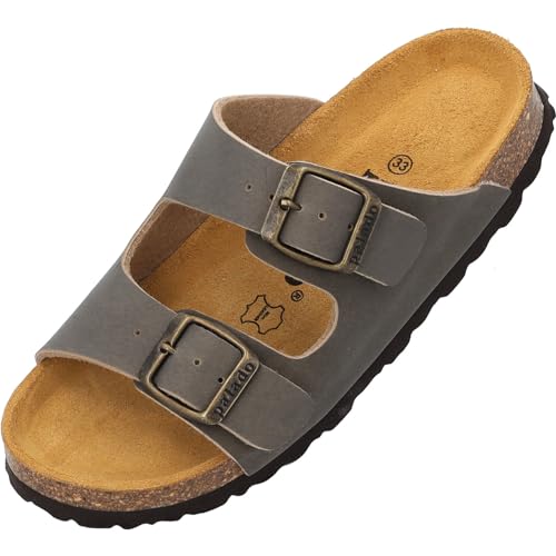 Palado Kinder Pantoletten Korfu B Basic - Jungen Sandalen - bequeme Schuhe mit Sohle aus feinstem Veloursleder - Hausschuhe mit Natur Kork-Fußbett Braun/Velours EU34 von Palado