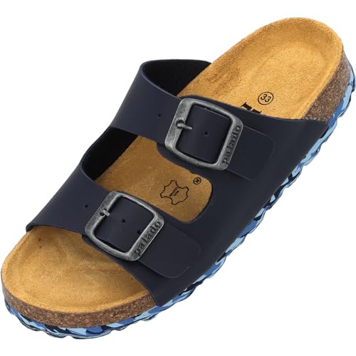 Palado Kinder Pantoletten Korfu B Basic - Jungen Sandalen - bequeme Schuhe mit Sohle aus feinstem Veloursleder - Hausschuhe mit Natur Kork-Fußbett Dunkelblau/Camou EU33 von Palado