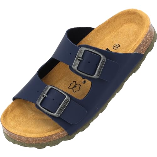 Palado Kinder Pantoletten Korfu B Basic - Jungen Sandalen - bequeme Schuhe mit Sohle aus feinstem Veloursleder - Hausschuhe mit Natur Kork-Fußbett Dunkelblau/Khaki/Grau EU33 von Palado