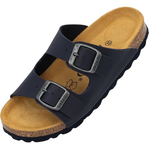 Palado Kinder Pantoletten Korfu B Basic - Jungen Sandalen - bequeme Schuhe mit Sohle aus feinstem Veloursleder - Hausschuhe mit Natur Kork-Fußbett Dunkelblau/Schwarz EU34 von Palado