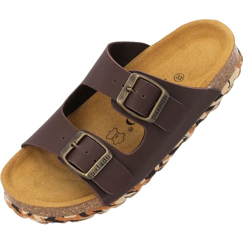 Palado Kinder Pantoletten Korfu B Basic - Jungen Sandalen - bequeme Schuhe mit Sohle aus feinstem Veloursleder - Hausschuhe mit Natur Kork-Fußbett Dunkelbraun/Camou EU35 von Palado