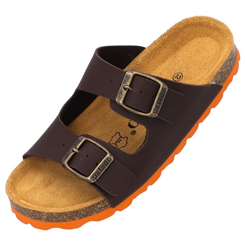 Palado Kinder Pantoletten Korfu B Basic - Jungen Sandalen - bequeme Schuhe mit Sohle aus feinstem Veloursleder - Hausschuhe mit Natur Kork-Fußbett Dunkelbraun/Orange EU33 von Palado