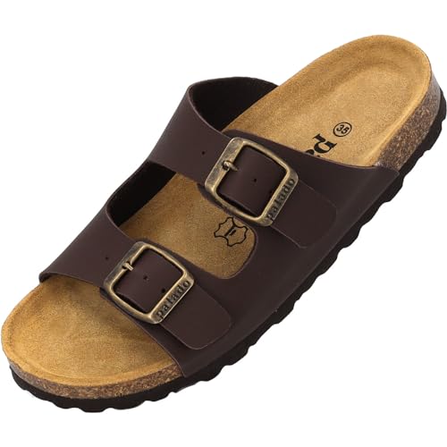 Palado Kinder Pantoletten Korfu B Basic - Jungen Sandalen - bequeme Schuhe mit Sohle aus feinstem Veloursleder - Hausschuhe mit Natur Kork-Fußbett Dunkelbraun/Schwarz EU34 von Palado