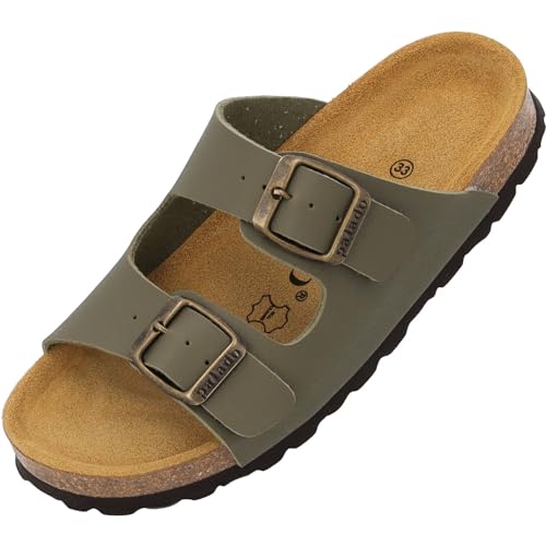 Palado Kinder Pantoletten Korfu B Basic - Jungen Sandalen - bequeme Schuhe mit Sohle aus feinstem Veloursleder - Hausschuhe mit Natur Kork-Fußbett Khaki EU34 von Palado