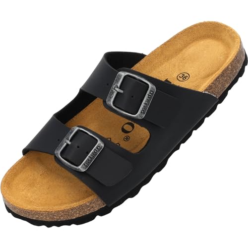 Palado Kinder Pantoletten Korfu B Basic - Jungen Sandalen - bequeme Schuhe mit Sohle aus feinstem Veloursleder - Hausschuhe mit Natur Kork-Fußbett Schwarz EU39 von Palado