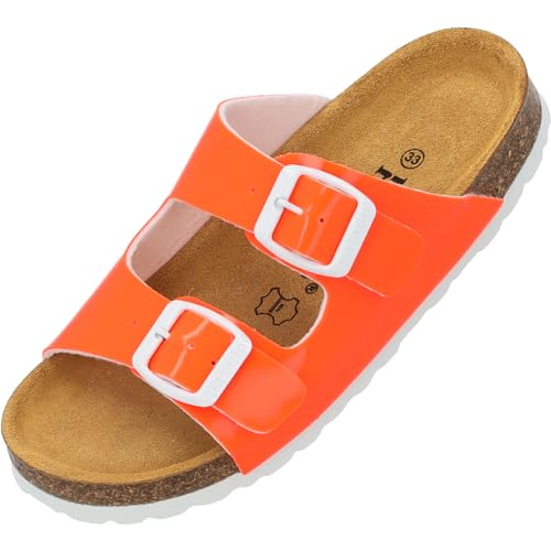 Palado Kinder Pantoletten Korfu G Lack - Mädchen Sandale mit verstellbaren Riemen - bequeme Schuhe mit Sohle aus feinstem Veloursleder - Hausschuhe mit Natur Kork-Fußbett Orange Neon EU34 von Palado