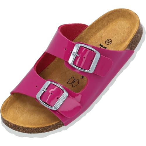 Palado Kinder Pantoletten Korfu G Lack - Mädchen Sandale mit verstellbaren Riemen - bequeme Schuhe mit Sohle aus feinstem Veloursleder - Hausschuhe mit Natur Kork-Fußbett pink lack EU33 von Palado