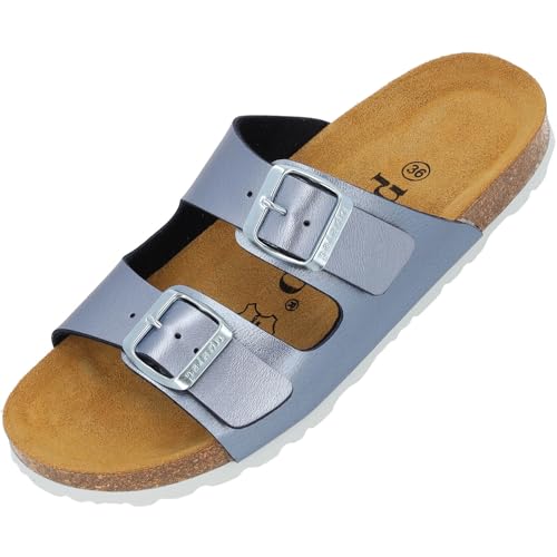 Palado Kinder Pantoletten Korfu G Metallic - Mädchen Sandalen mit verstellbaren Riemen - Bequeme Schuhe mit Sohle aus feinstem Veloursleder - Hausschuhe mit Natur Kork-Fußbett Blau EU36 von Palado