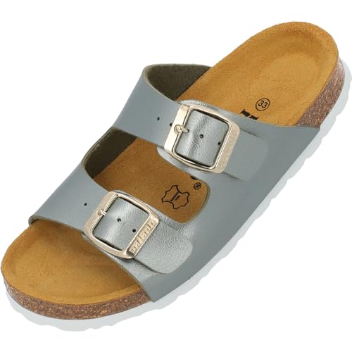 Palado Kinder Pantoletten Korfu G Metallic - Mädchen Sandalen mit verstellbaren Riemen - bequeme Schuhe mit Sohle aus feinstem Veloursleder - Hausschuhe mit Natur Kork-Fußbett Olive EU34 von Palado