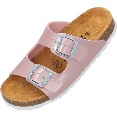 Palado Kinder Pantoletten Korfu G Metallic - Mädchen Sandalen mit verstellbaren Riemen - bequeme Schuhe mit Sohle aus feinstem Veloursleder - Hausschuhe mit Natur Kork-Fußbett Rosa EU32 von Palado