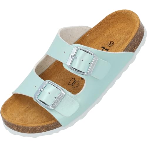 Palado Kinder Pantoletten Korfu G Metallic - Mädchen Sandalen mit verstellbaren Riemen - bequeme Schuhe mit Sohle aus feinstem Veloursleder - Hausschuhe mit Natur Kork-Fußbett Türkis EU36 von Palado