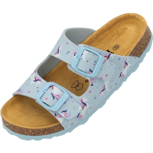 Palado Kinder Pantoletten Korfu G Print - Mädchen Sandalen mit verstellbaren Riemen - bequeme Schuhe mit Sohle aus feinstem Veloursleder - Hausschuhe mit Natur Kork-Fußbett Hellblau Unicorn EU31 von Palado