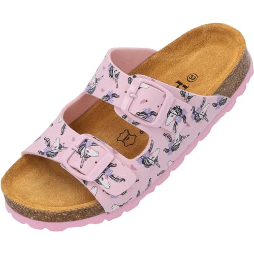 Palado Kinder Pantoletten Korfu G Print - Mädchen Sandalen mit verstellbaren Riemen - bequeme Schuhe mit Sohle aus feinstem Veloursleder - Hausschuhe mit Natur Kork-Fußbett Rosa Unicorn EU29 von Palado