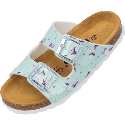 Palado Kinder Pantoletten Korfu G Print - Mädchen Sandalen mit verstellbaren Riemen - bequeme Schuhe mit Sohle aus feinstem Veloursleder - Hausschuhe mit Natur Kork-Fußbett Türkis Unicorn EU30 von Palado