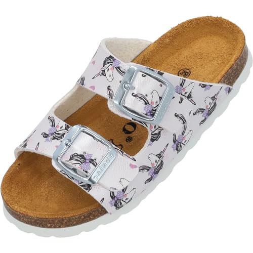 Palado Kinder Pantoletten Korfu G Print - Mädchen Sandalen mit verstellbaren Riemen - Bequeme Schuhe mit Sohle aus feinstem Veloursleder - Hausschuhe mit Natur Kork-Fußbett Weiß Unicorn EU30 von Palado