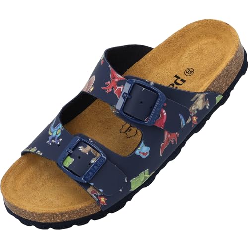 Palado Kinder Pantoletten Korfu Print - Jungen Sandalen mit verstellbaren Riemen - bequeme Schuhe mit Sohle aus feinstem Veloursleder - Hausschuhe mit Natur Kork-Fußbett Blau Dinos EU29 von Palado