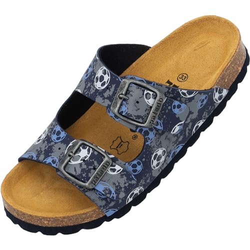 Palado Kinder Pantoletten Korfu Print - Jungen Sandalen mit verstellbaren Riemen - bequeme Schuhe mit Sohle aus feinstem Veloursleder - Hausschuhe mit Natur Kork-Fußbett Blau Goalstar EU31 von Palado