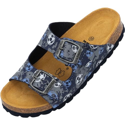 Palado Kinder Pantoletten Korfu Print - Jungen Sandalen mit verstellbaren Riemen - bequeme Schuhe mit Sohle aus feinstem Veloursleder - Hausschuhe mit Natur Kork-Fußbett Blau Goalstar EU33 von Palado