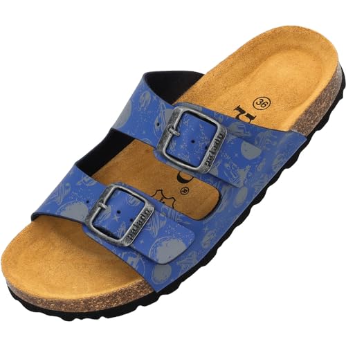 Palado Kinder Pantoletten Korfu Print - Jungen Sandalen mit verstellbaren Riemen - bequeme Schuhe mit Sohle aus feinstem Veloursleder - Hausschuhe mit Natur Kork-Fußbett Blau Planets EU33 von Palado