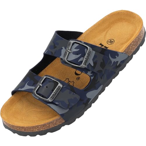 Palado Kinder Pantoletten Korfu Print - Jungen Sandalen mit verstellbaren Riemen - bequeme Schuhe mit Sohle aus feinstem Veloursleder - Hausschuhe mit Natur Kork-Fußbett Blau Sharks EU34 von Palado