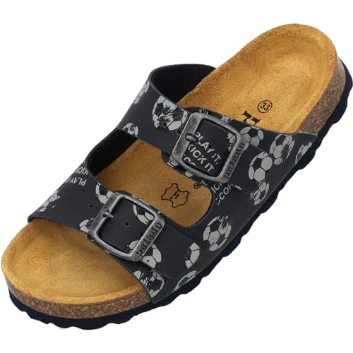 Palado Kinder Pantoletten Korfu Print - Jungen Sandalen mit verstellbaren Riemen - bequeme Schuhe mit Sohle aus feinstem Veloursleder - Hausschuhe mit Natur Kork-Fußbett Dunkelblau Kicker EU35 von Palado