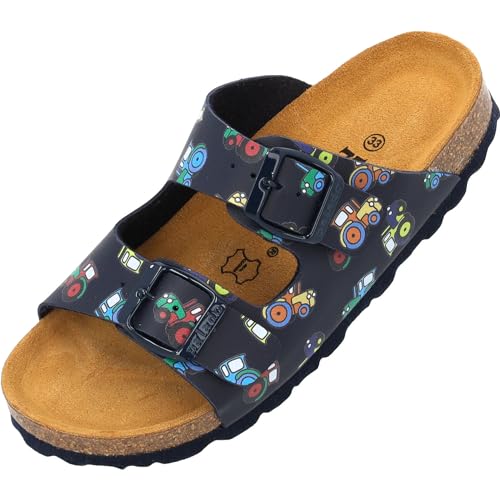 Palado Kinder Pantoletten Korfu Print - Jungen Sandalen mit verstellbaren Riemen - bequeme Schuhe mit Sohle aus feinstem Veloursleder - Hausschuhe mit Natur Kork-Fußbett Dunkelblau Tractors EU29 von Palado