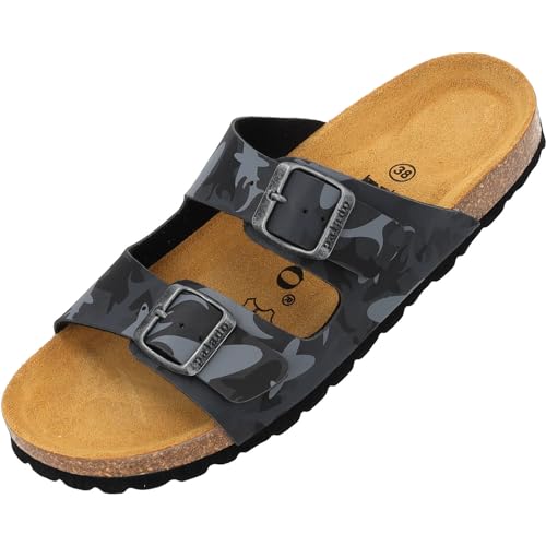 Palado Kinder Pantoletten Korfu Print - Jungen Sandalen mit verstellbaren Riemen - bequeme Schuhe mit Sohle aus feinstem Veloursleder - Hausschuhe mit Natur Kork-Fußbett Grau Sharks EU36 von Palado