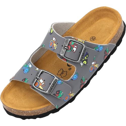 Palado Kinder Pantoletten Korfu Print - Jungen Sandalen mit verstellbaren Riemen - bequeme Schuhe mit Sohle aus feinstem Veloursleder - Hausschuhe mit Natur Kork-Fußbett Grau Tractors EU31 von Palado