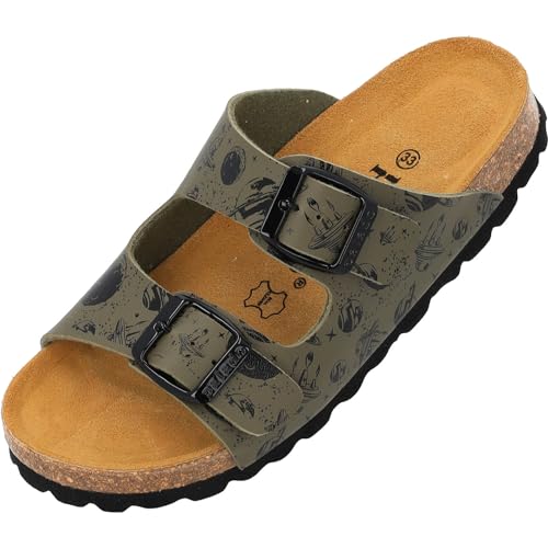 Palado Kinder Pantoletten Korfu Print - Jungen Sandalen mit verstellbaren Riemen - bequeme Schuhe mit Sohle aus feinstem Veloursleder - Hausschuhe mit Natur Kork-Fußbett Khaki Planets EU33 von Palado