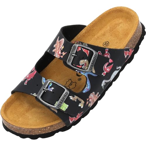 Palado Kinder Pantoletten Korfu Print - Jungen Sandalen mit verstellbaren Riemen - bequeme Schuhe mit Sohle aus feinstem Veloursleder - Hausschuhe mit Natur Kork-Fußbett Schwarz Dinos EU29 von Palado