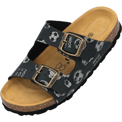 Palado Kinder Pantoletten Korfu Print - Jungen Sandalen mit verstellbaren Riemen - bequeme Schuhe mit Sohle aus feinstem Veloursleder - Hausschuhe mit Natur Kork-Fußbett Tiefgrün Kicker EU31 von Palado