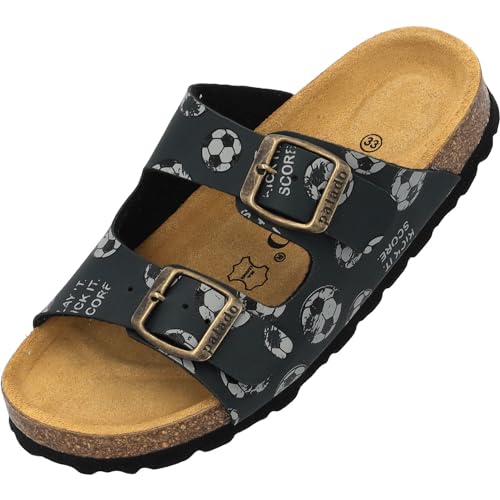 Palado Kinder Pantoletten Korfu Print - Jungen Sandalen mit verstellbaren Riemen - bequeme Schuhe mit Sohle aus feinstem Veloursleder - Hausschuhe mit Natur Kork-Fußbett Tiefgrün Kicker EU37 von Palado