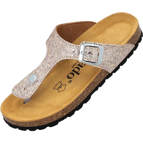 Palado Kinder Pantoletten Kos G Glitzer - Mädchen Sandalen mit verstellbaren Riemen - Bequeme Schuhe mit Sohle aus feinstem Veloursleder - Hausschuhe mit Natur Kork-Fußbett Rosegold EU33 von Palado