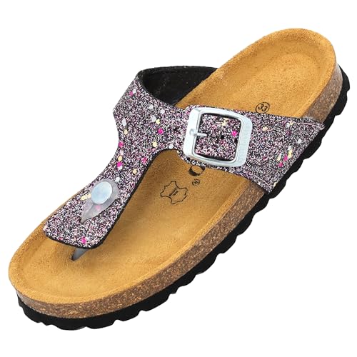 Palado Kinder Pantoletten Kos G Glitzer - Mädchen Sandalen mit verstellbaren Riemen - bequeme Schuhe mit Sohle aus feinstem Veloursleder - Hausschuhe mit Natur Kork-Fußbett Violett EU33 von Palado