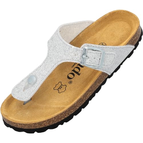 Palado Kinder Pantoletten Kos G Glitzer - Mädchen Sandalen mit verstellbaren Riemen - bequeme Schuhe mit Sohle aus feinstem Veloursleder - Hausschuhe mit Natur Kork-Fußbett Weiß EU34 von Palado