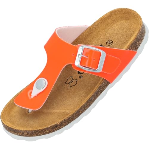 Palado Kinder Pantoletten Kos G Lack - Mädchen Sandalen mit verstellbaren Riemen - bequeme Schuhe mit Sohle aus feinstem Veloursleder - Hausschuhe mit Natur Kork-Fußbett Orange Neon EU35 von Palado