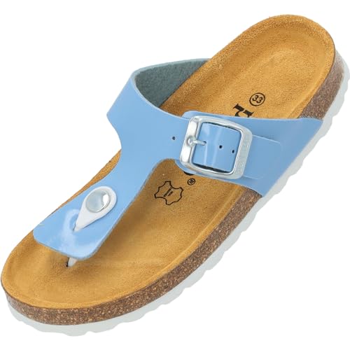 Palado Kinder Pantoletten Kos G Lack - Mädchen Sandalen mit verstellbaren Riemen - bequeme Schuhe mit Sohle aus feinstem Veloursleder - Hausschuhe mit Natur Kork-Fußbett Hellblau EU32 von Palado