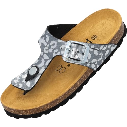 Palado Kinder Pantoletten Kos G Leo - Kinder Sandalen mit verstellbaren Riemen - Bequeme Schuhe mit Sohle aus feinstem Veloursleder - Hausschuhe mit Natur Kork-Fußbett Anthrazit EU37 von Palado