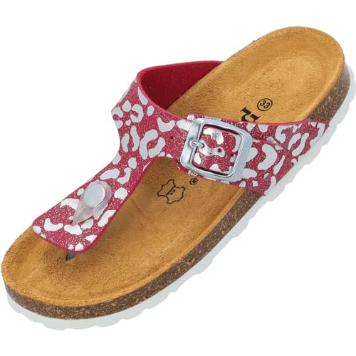 Palado Kinder Pantoletten Kos G Leo - Kinder Sandalen mit verstellbaren Riemen - bequeme Schuhe mit Sohle aus feinstem Veloursleder - Hausschuhe mit Natur Kork-Fußbett Pink EU35 von Palado