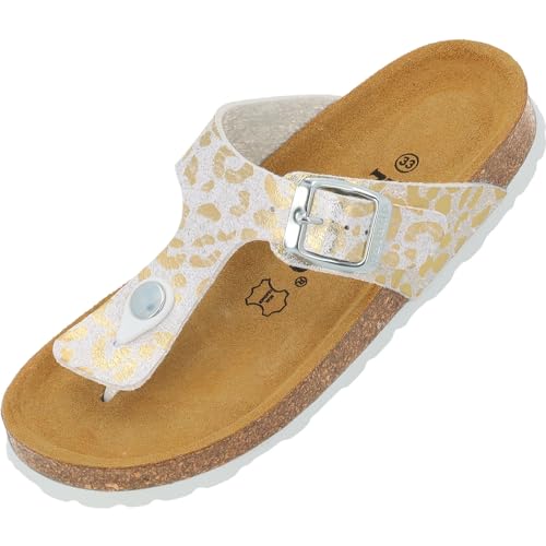 Palado Kinder Pantoletten Kos G Leo - Kinder Sandalen mit verstellbaren Riemen - Bequeme Schuhe mit Sohle aus feinstem Veloursleder - Hausschuhe mit Natur Kork-Fußbett Weiß/Gold EU35 von Palado