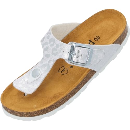 Palado Kinder Pantoletten Kos G Leo - Kinder Sandalen mit verstellbaren Riemen - Bequeme Schuhe mit Sohle aus feinstem Veloursleder - Hausschuhe mit Natur Kork-Fußbett Weiß/Silber EU37 von Palado