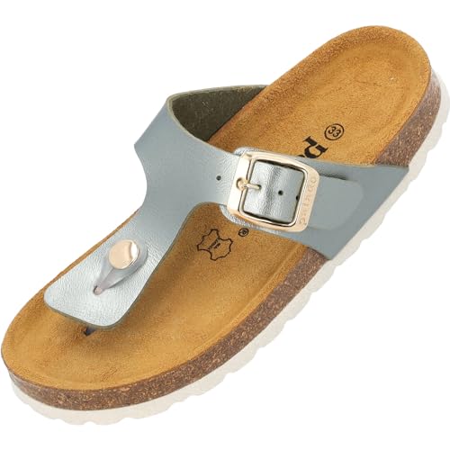 Palado Kinder Pantoletten Kos G Metallic - Mädchen Sandalen mit verstellbaren Riemen - bequeme Schuhe mit Sohle aus feinstem Veloursleder - Hausschuhe mit Natur Kork-Fußbett Olive EU33 von Palado