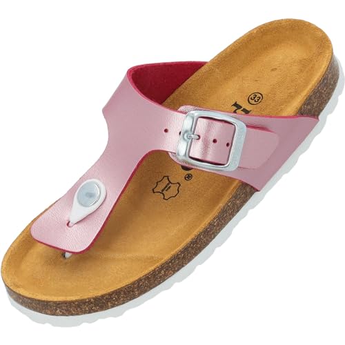 Palado Kinder Pantoletten Kos G Metallic - Mädchen Sandalen mit verstellbaren Riemen - bequeme Schuhe mit Sohle aus feinstem Veloursleder - Hausschuhe mit Natur Kork-Fußbett Pink EU34 von Palado