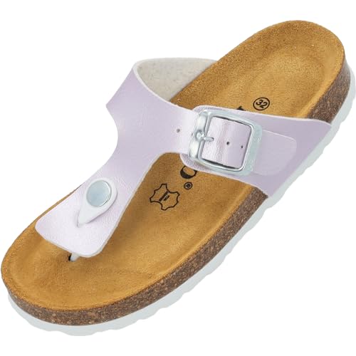 Palado Kinder Pantoletten Kos G Metallic - Mädchen Sandalen mit verstellbaren Riemen - bequeme Schuhe mit Sohle aus feinstem Veloursleder - Hausschuhe mit Natur Kork-Fußbett Rose EU32 von Palado