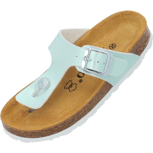 Palado Kinder Pantoletten Kos G Metallic - Mädchen Sandalen mit verstellbaren Riemen - bequeme Schuhe mit Sohle aus feinstem Veloursleder - Hausschuhe mit Natur Kork-Fußbett Türkis EU32 von Palado